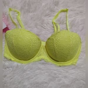 VS PINK 💛 Neon Yellow Lace Date Push Up Padded Bra 32C
